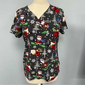 NWT Buttersoft Christmas Holiday  Scrub Top S Santa Winter Sports Gray Scrubs